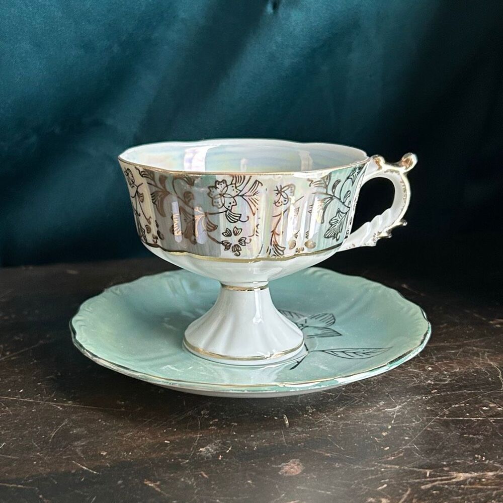 Napcoware Mid-century Footed Lustreware Teacup and Saucer Set Seafoam Green Gold